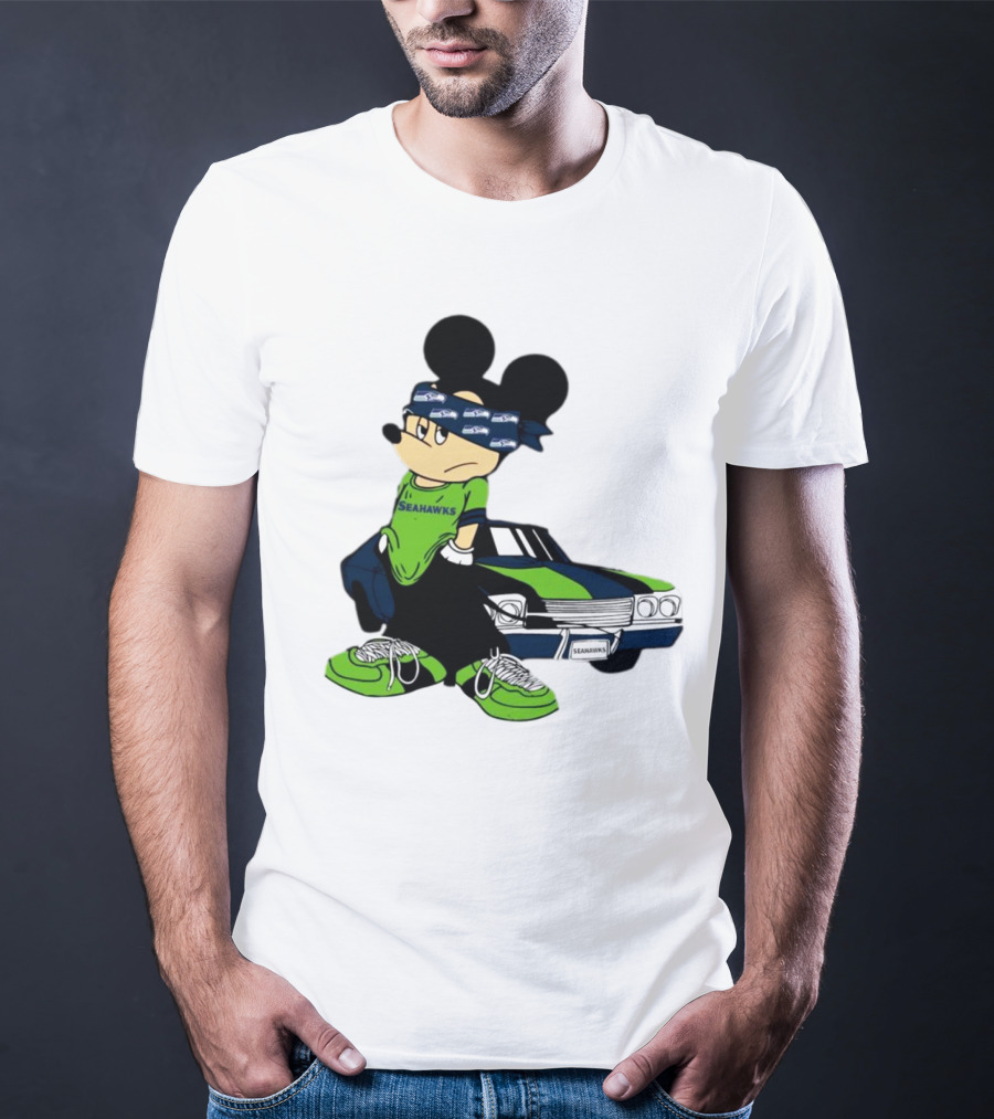 Seattle Seahawks Mickey Mouse Gangster Car Football Fan T-Shirt