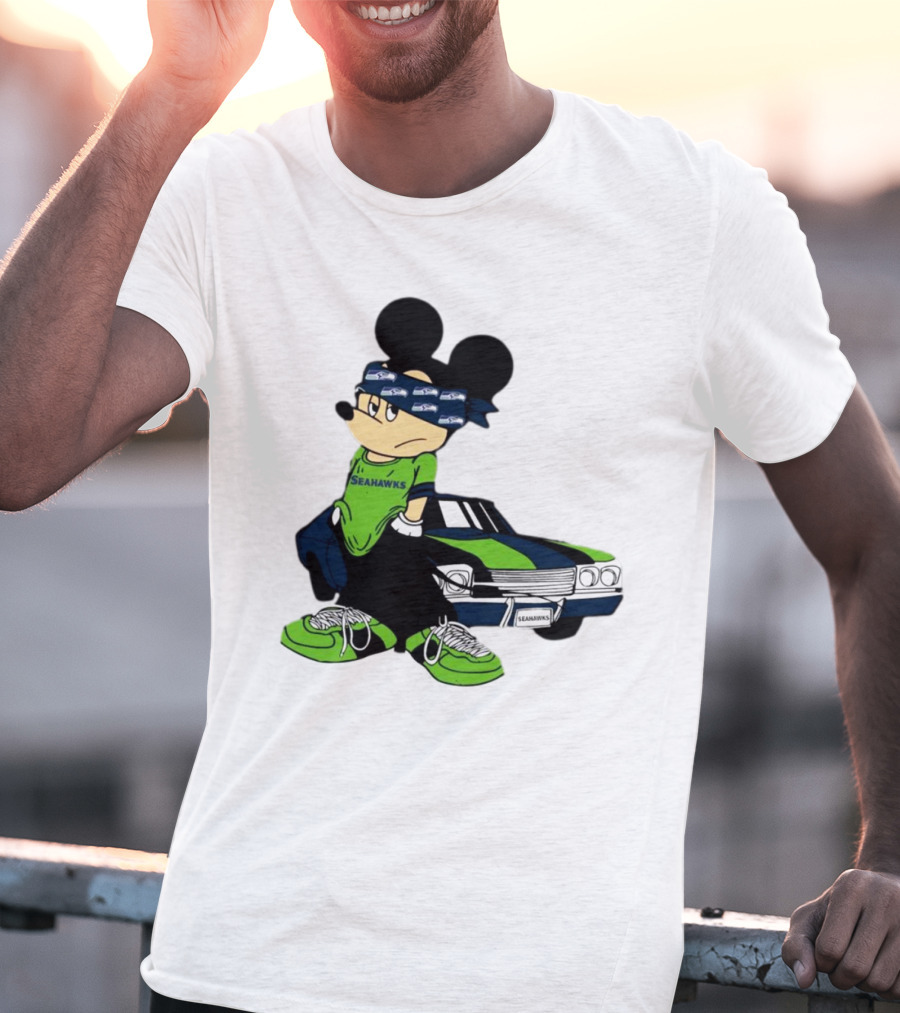 Seattle Seahawks Mickey Mouse Gangster Car Football Fan T-Shirt
