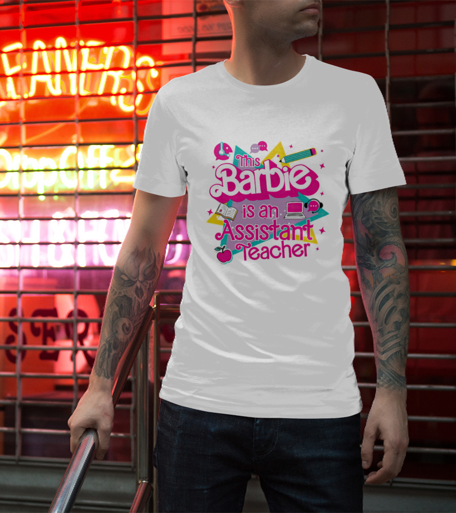 This Barbie Is An Assistant Teacher With Headphones Pencil Book Laptop Apple T-Shirt