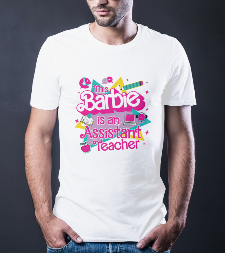 This Barbie Is An Assistant Teacher With Headphones Pencil Book Laptop Apple T-Shirt
