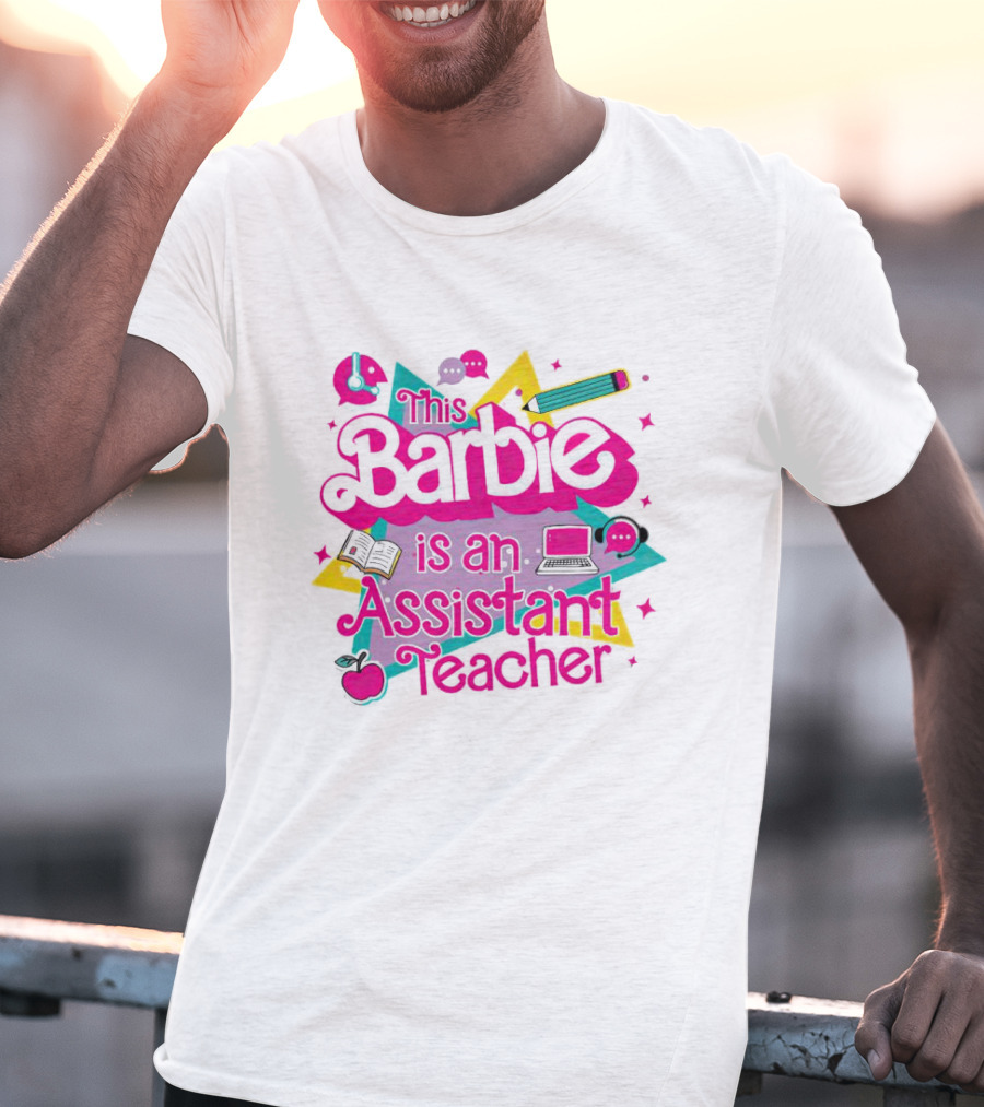 This Barbie Is An Assistant Teacher With Headphones Pencil Book Laptop Apple T-Shirt