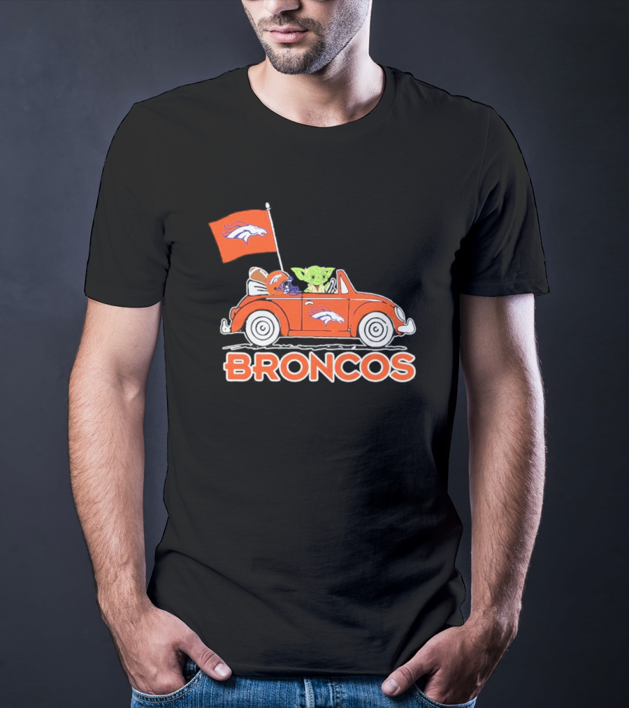 Yoda With Helmet In Denver Broncos Car With Flag T-Shirt