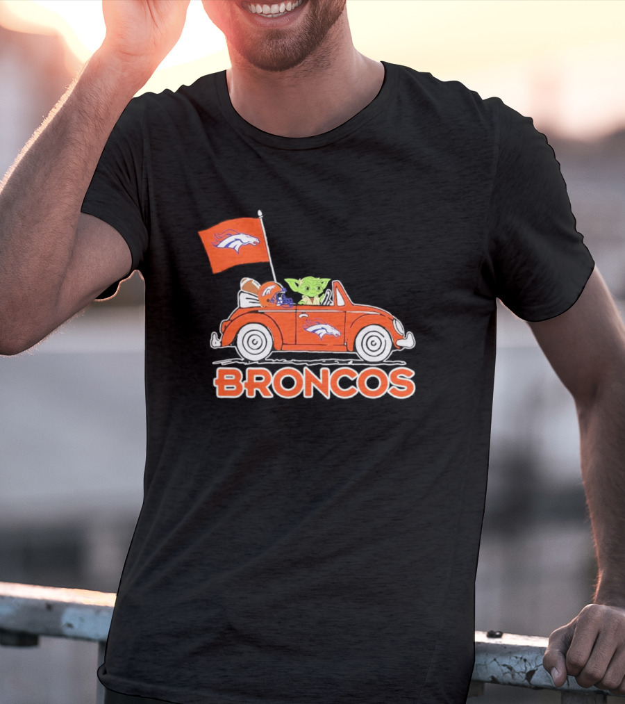 Yoda With Helmet In Denver Broncos Car With Flag T-Shirt