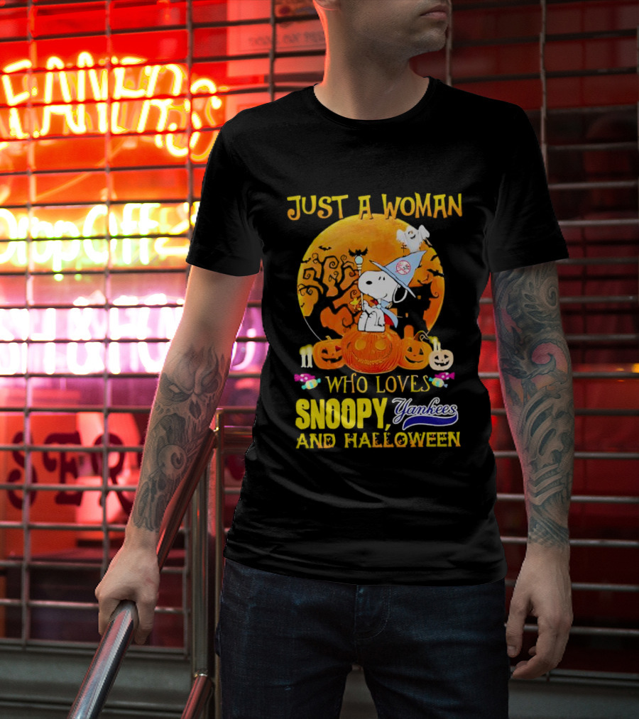 Just A Woman Who Loves Snoopy Yankees And Halloween T-Shirt
