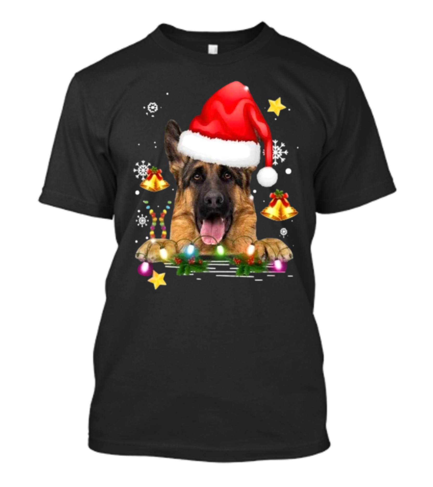 Happy Merry Christmas Lights German Shepherd Dog Festive Santa Hat T-Shirt