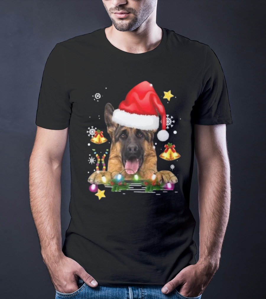 Happy Merry Christmas Lights German Shepherd Dog Festive Santa Hat T-Shirt