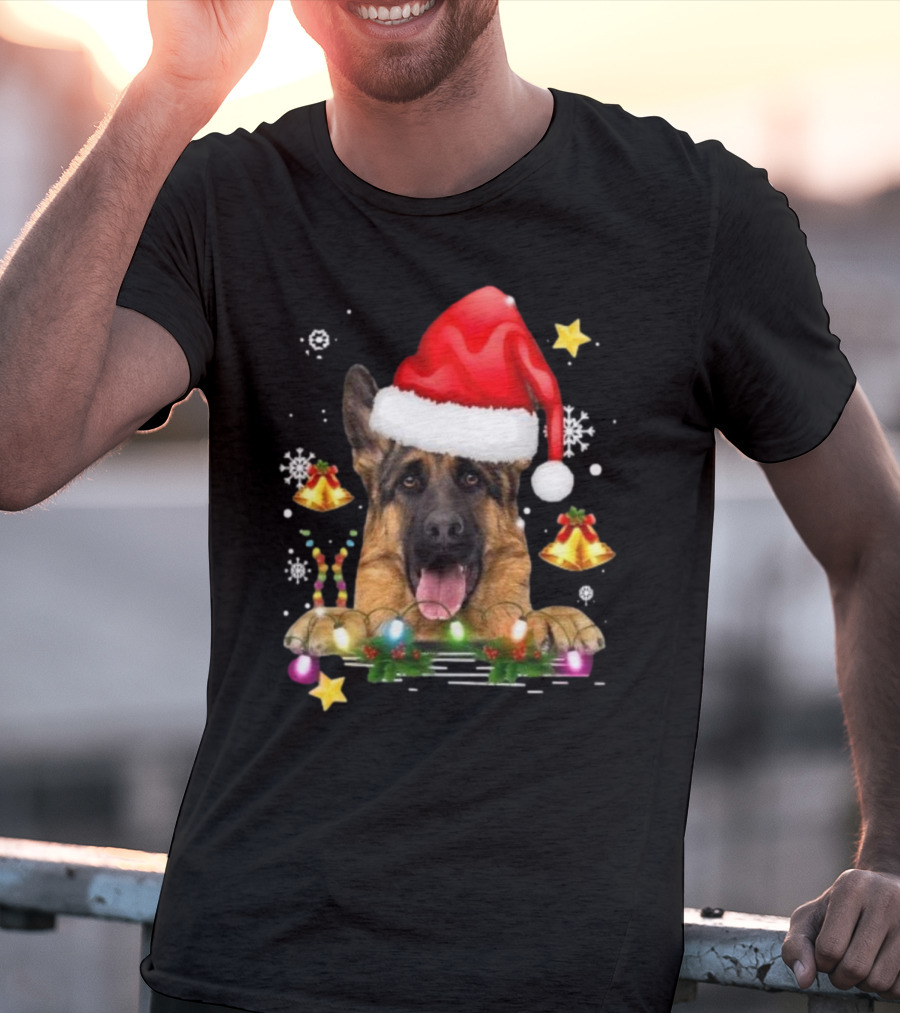 Happy Merry Christmas Lights German Shepherd Dog Festive Santa Hat T-Shirt