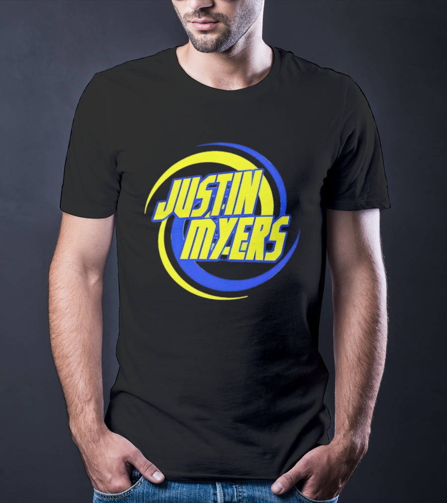 JUSTIN MYERS Blue Yellow Spiral Circle Text T-Shirt