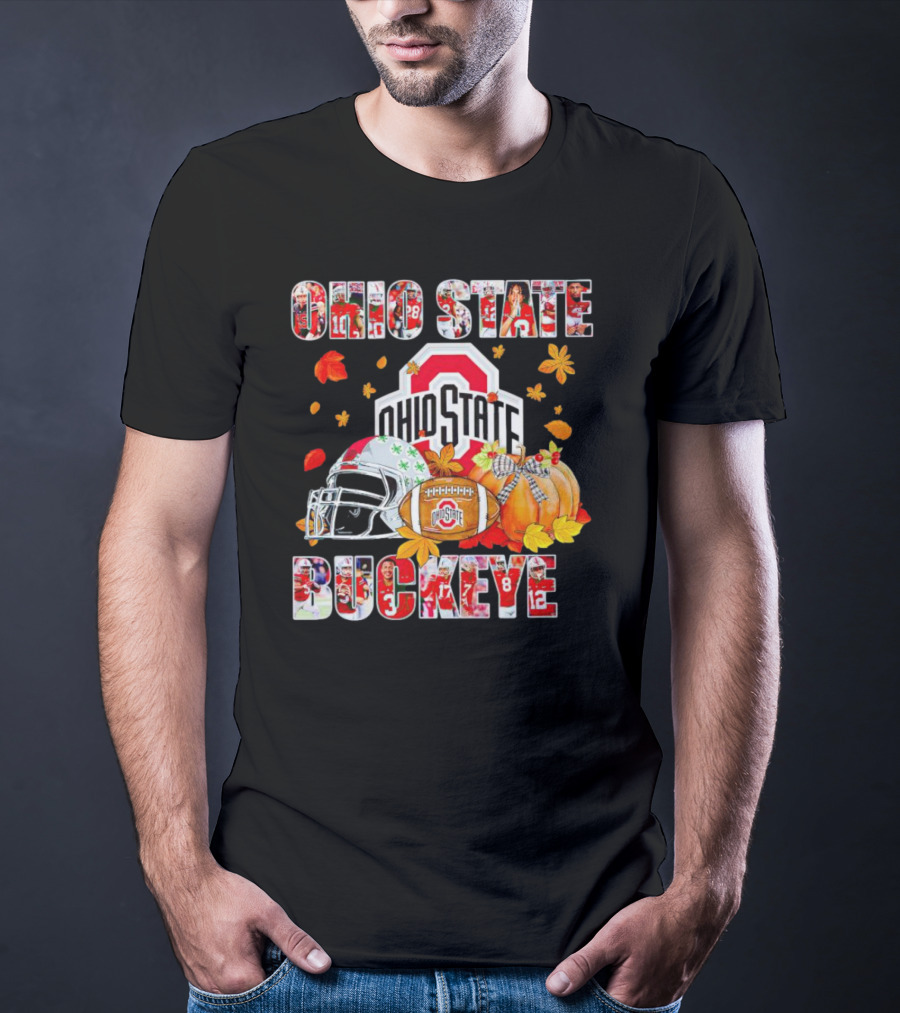 Ohio State Buckeyes Football Autumn Leaves Helmet Pumpkins T-Shirt