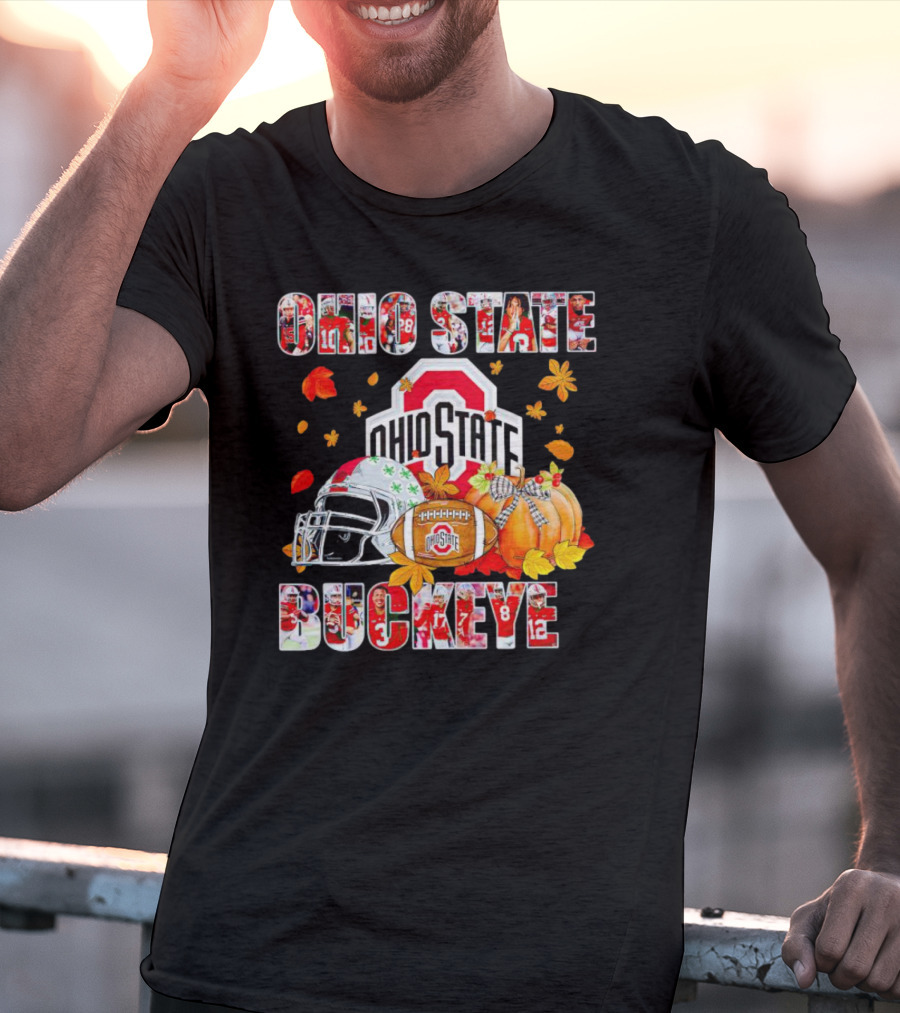 Ohio State Buckeyes Football Autumn Leaves Helmet Pumpkins T-Shirt