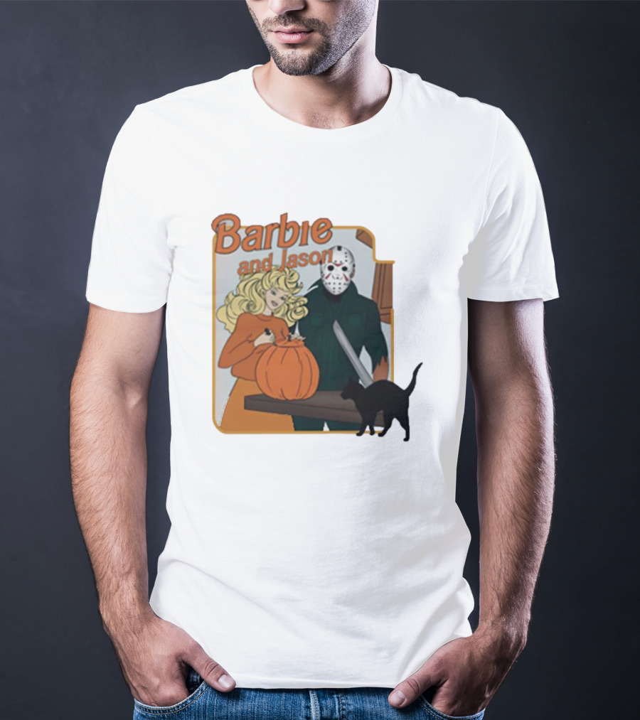 Barbie And Jason Halloween Pumpkin Carving With Black Cat T-Shirt