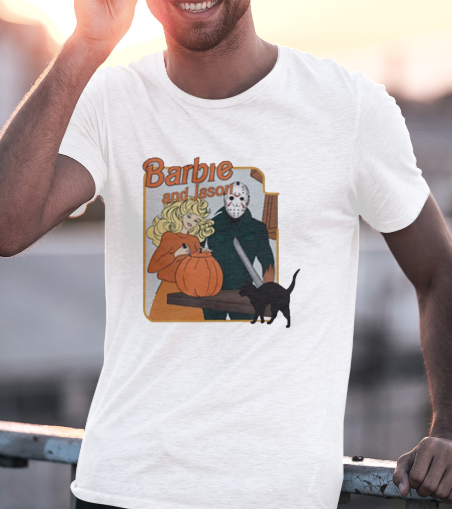 Barbie And Jason Halloween Pumpkin Carving With Black Cat T-Shirt