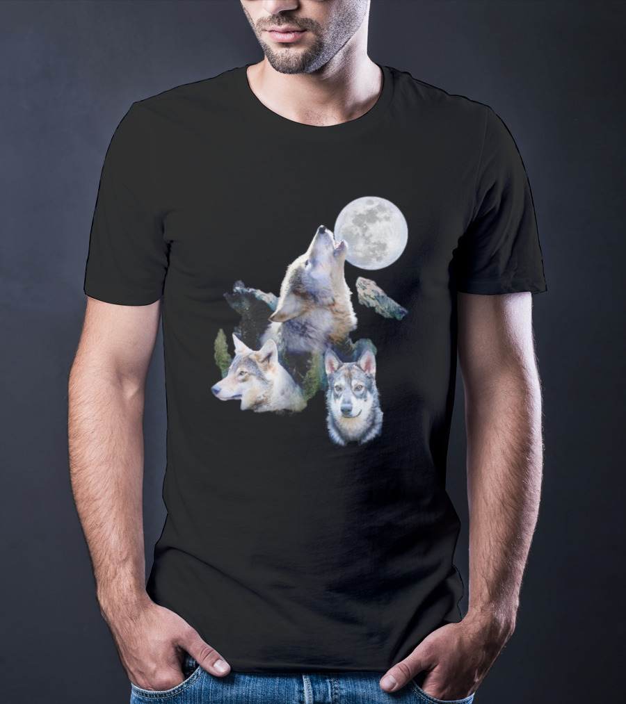 Gas Station Wolf Howling At Full Moon Trio T-Shirt