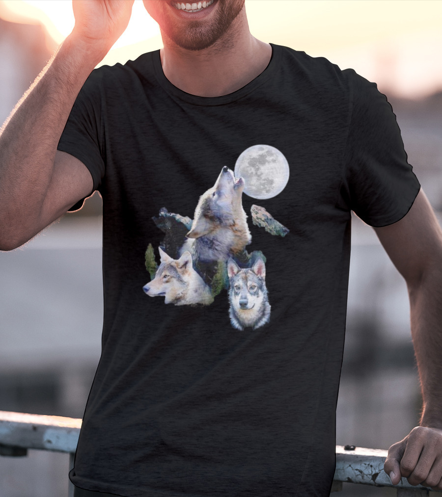 Gas Station Wolf Howling At Full Moon Trio T-Shirt