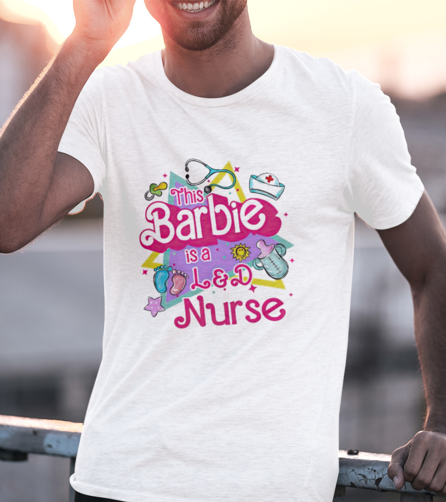 This Barbie Is A L&D Nurse With Stethoscope Baby Feet Bottle Sun Icons T-Shirt
