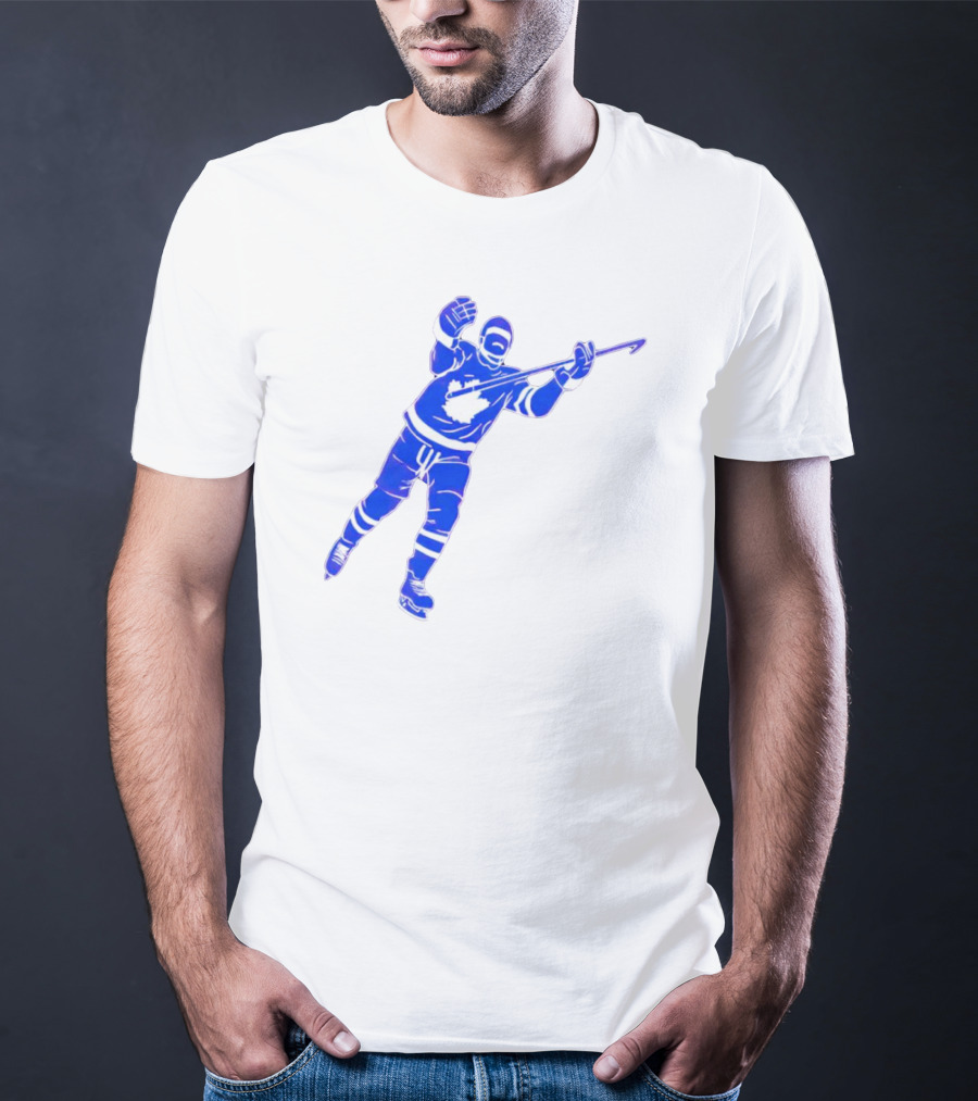 Auston Matthews Celebratory Pose Toronto Maple Leafs Player In Blue And White Hockey Gear T-Shirt