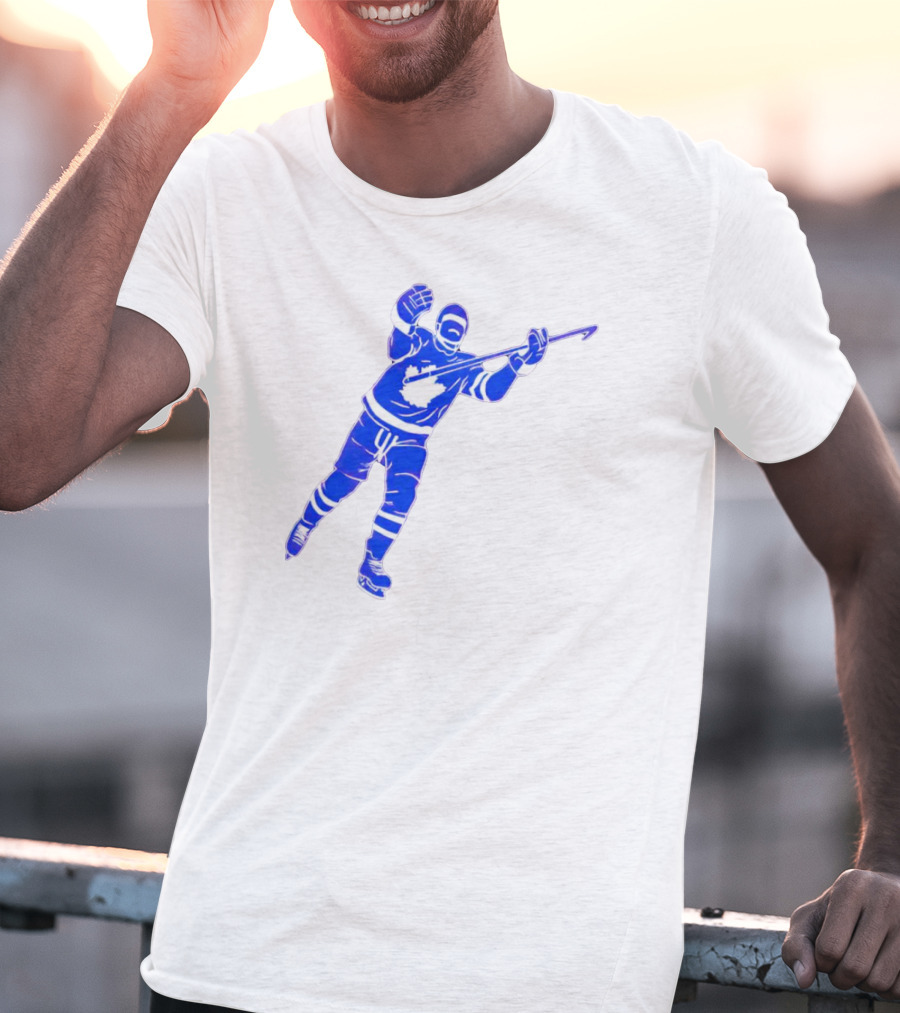 Auston Matthews Celebratory Pose Toronto Maple Leafs Player In Blue And White Hockey Gear T-Shirt