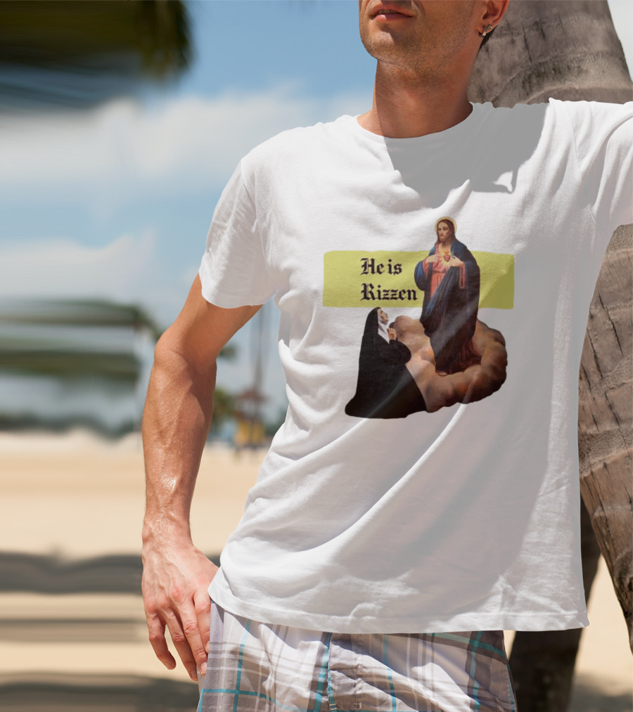 He Is Rizzen Jesus With Nun Praying On Cloud T-Shirt