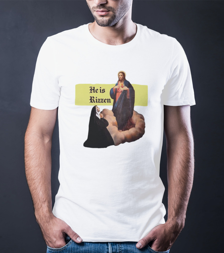 He Is Rizzen Jesus With Nun Praying On Cloud T-Shirt