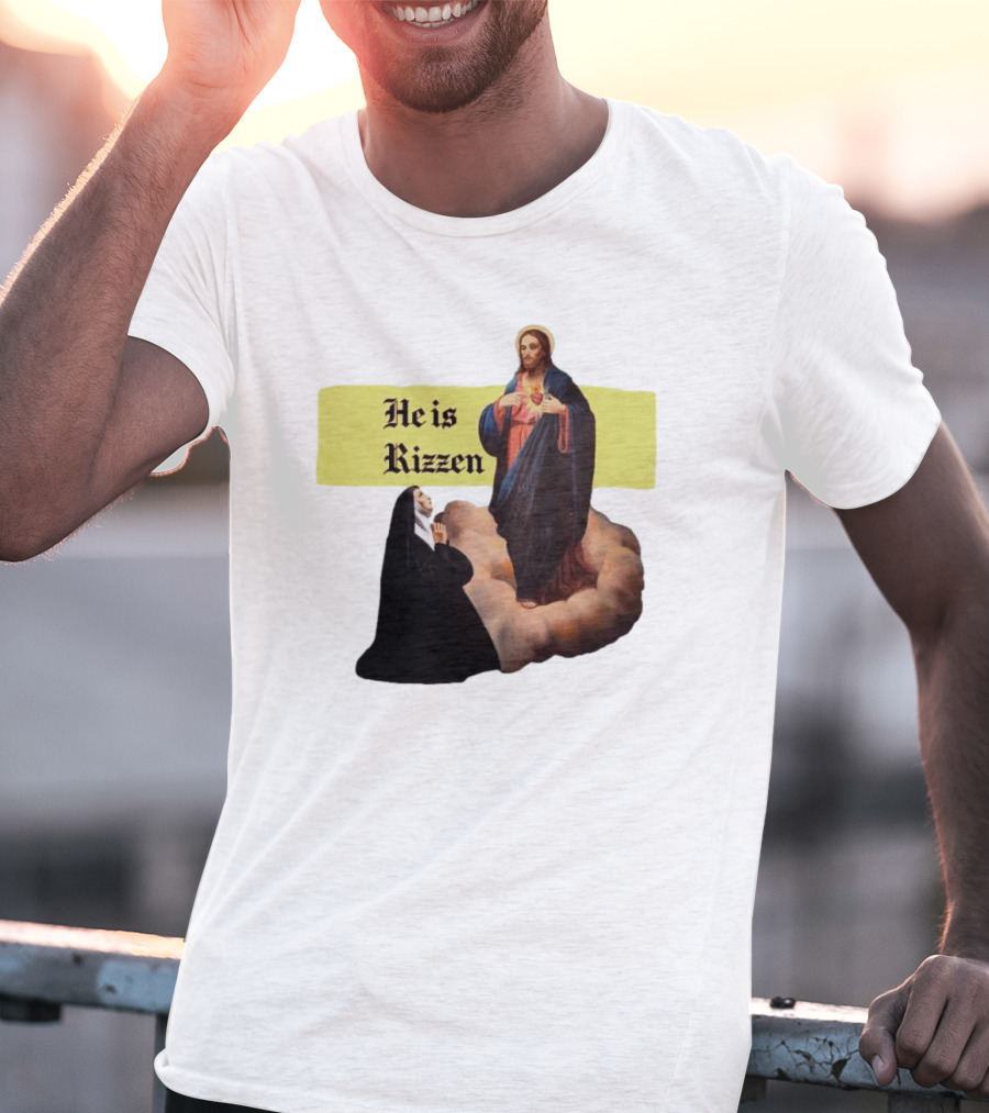 He Is Rizzen Jesus With Nun Praying On Cloud T-Shirt