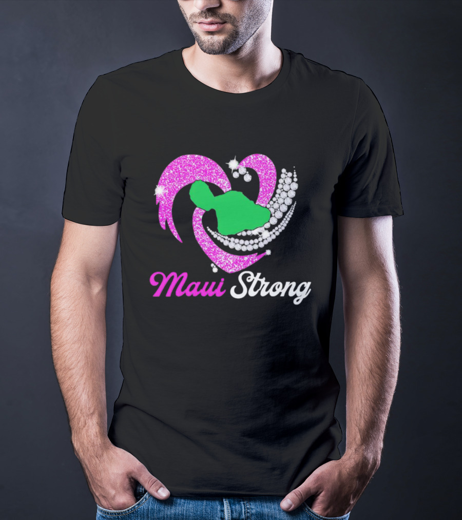 Maui Strong Pink Glitter Heart With Green Island And Diamond Accents T-Shirt