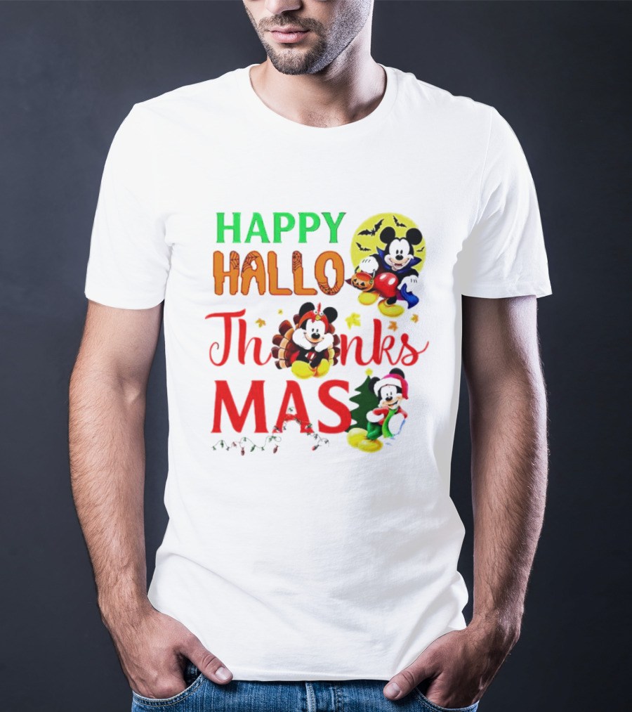 Mickey Mouse Happy Hallothanksmas Halloween Thanksgiving Christmas T-Shirt