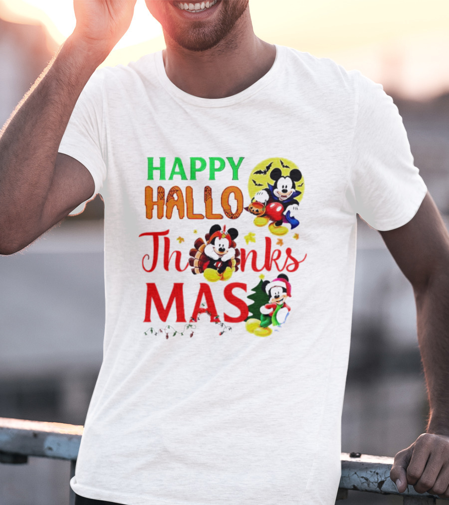 Mickey Mouse Happy Hallothanksmas Halloween Thanksgiving Christmas T-Shirt