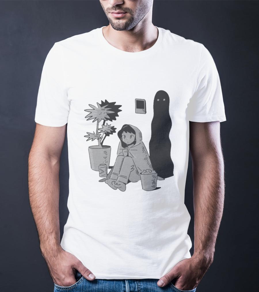 Phantom Cozy: Ghostly Companion And Snuggled Figure With Plant And Snacks T-Shirt