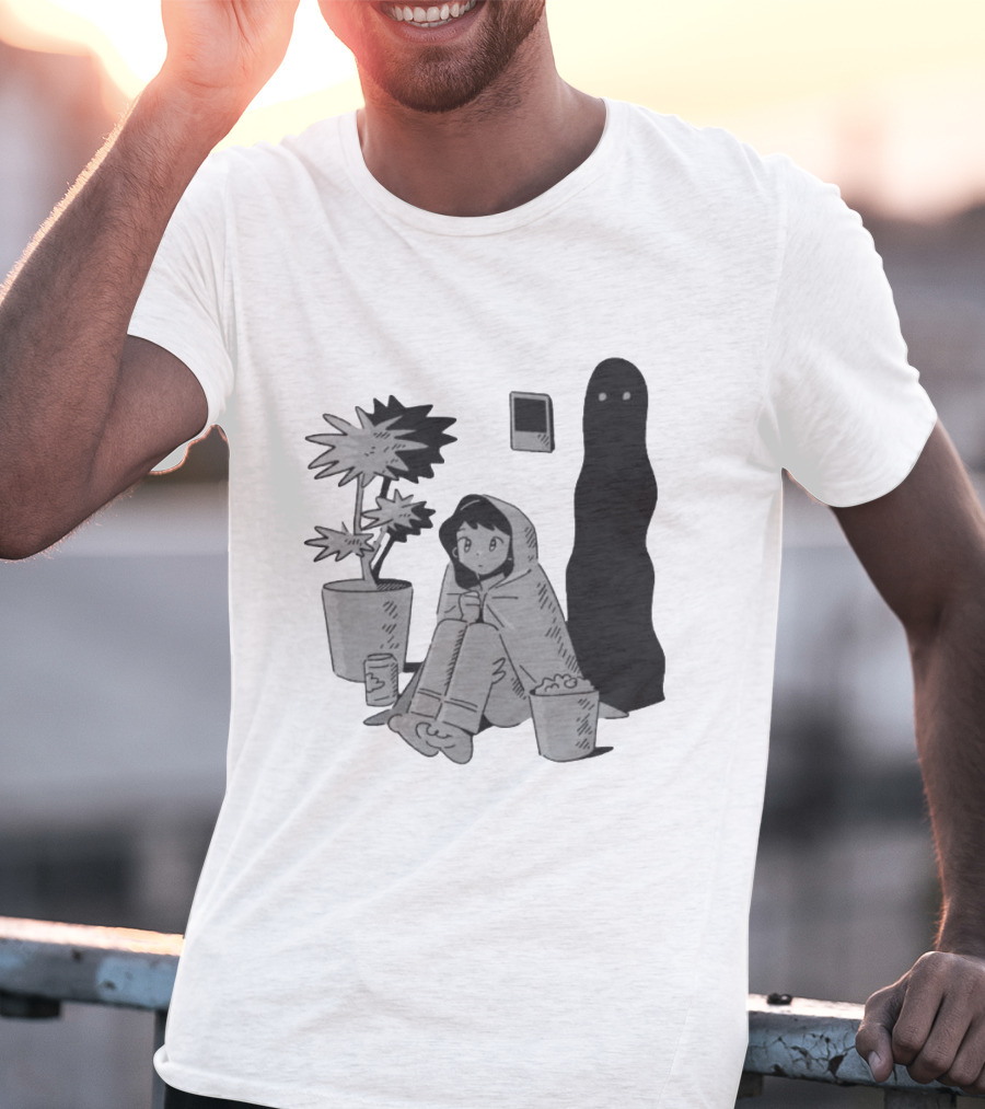 Phantom Cozy: Ghostly Companion And Snuggled Figure With Plant And Snacks T-Shirt