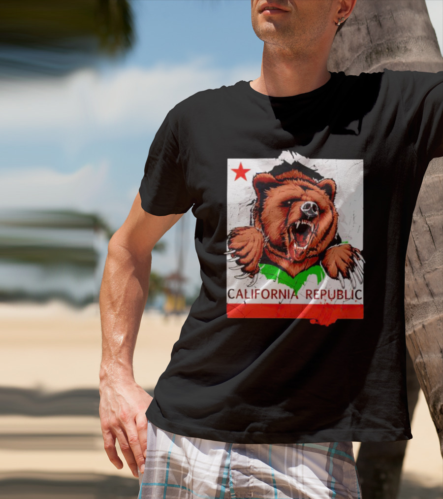 California Republic Bear Roaring Star Red Stripe T-Shirt