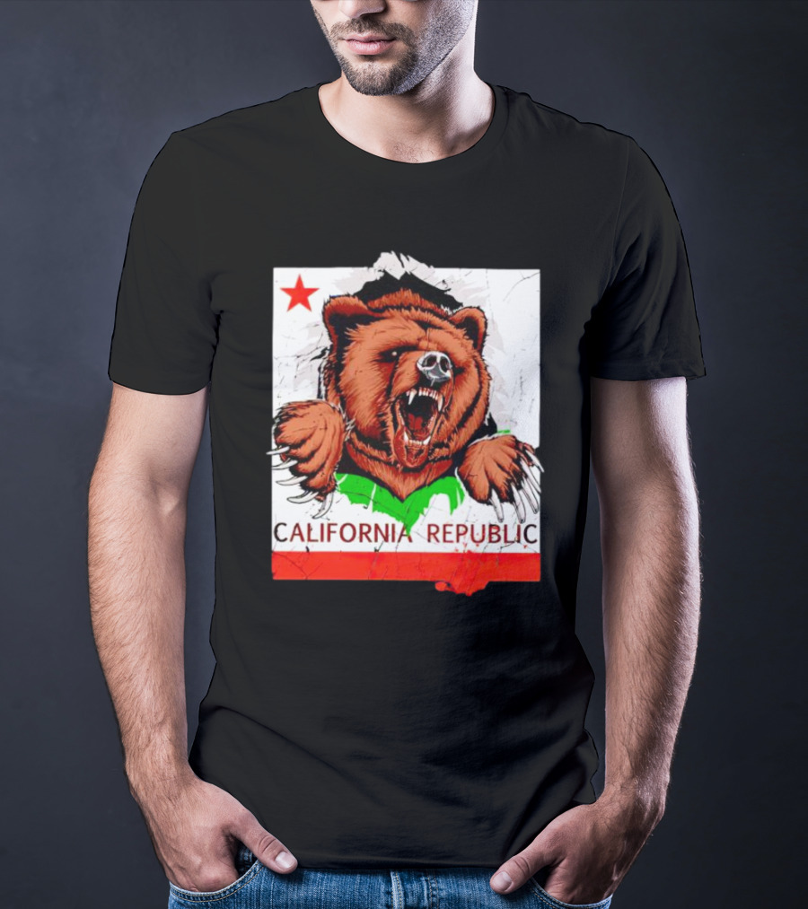California Republic Bear Roaring Star Red Stripe T-Shirt