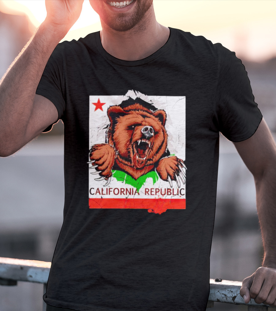 California Republic Bear Roaring Star Red Stripe T-Shirt