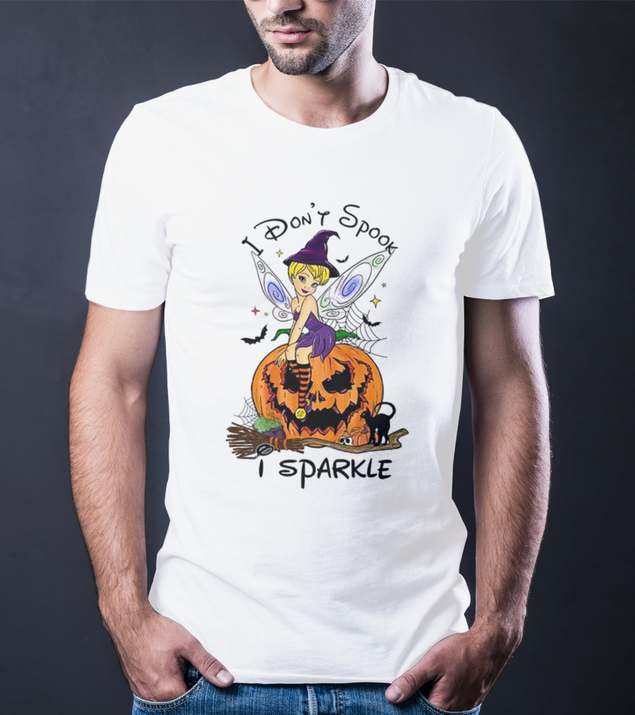 I Don’t Spook I Sparkle Witch Fairy On Pumpkin Halloween Scene T-Shirt