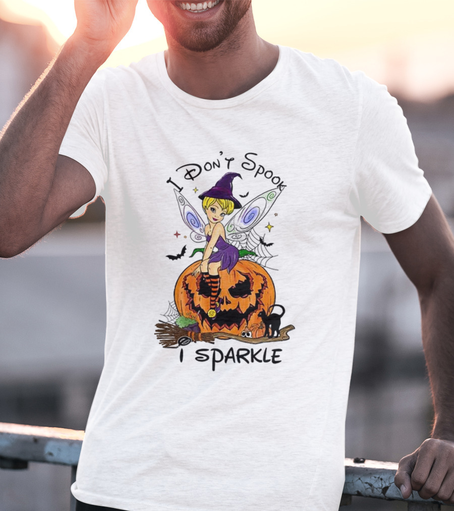 I Don’t Spook I Sparkle Witch Fairy On Pumpkin Halloween Scene T-Shirt