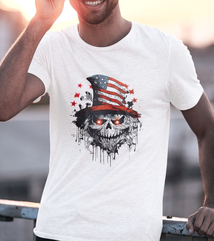 Uncle Sam Skull With American Flag Hat And Red Stars T-Shirt