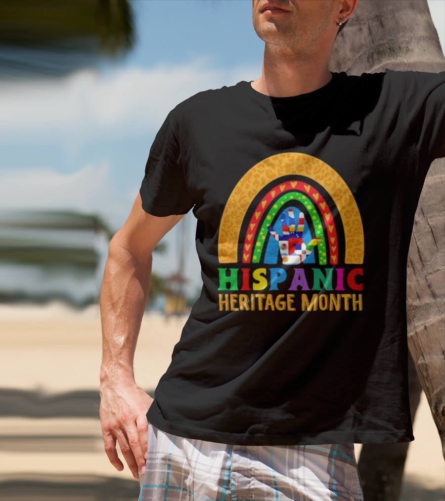 Hispanic Heritage Month Rainbow With Flag Mosaic Hand T-Shirt