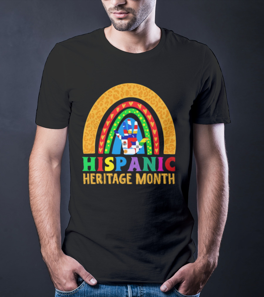 Hispanic Heritage Month Rainbow With Flag Mosaic Hand T-Shirt