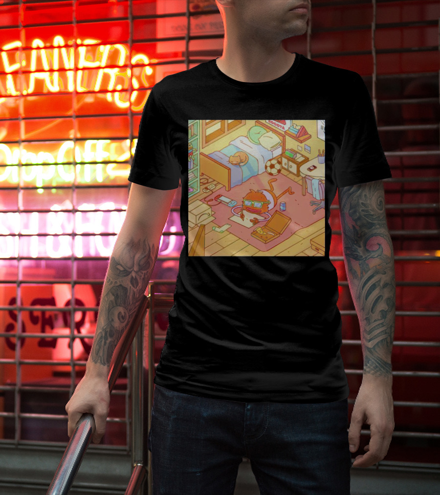 Chillin' Wolfi Gaming Bedroom With Cat And Pizza T-Shirt