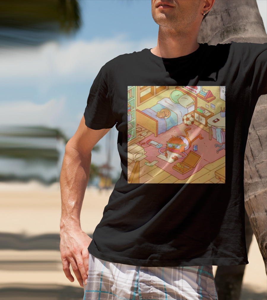 Chillin' Wolfi Gaming Bedroom With Cat And Pizza T-Shirt