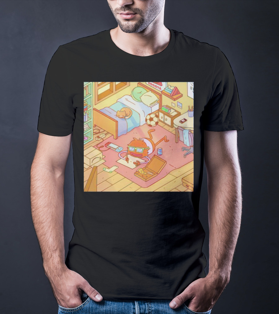 Chillin' Wolfi Gaming Bedroom With Cat And Pizza T-Shirt
