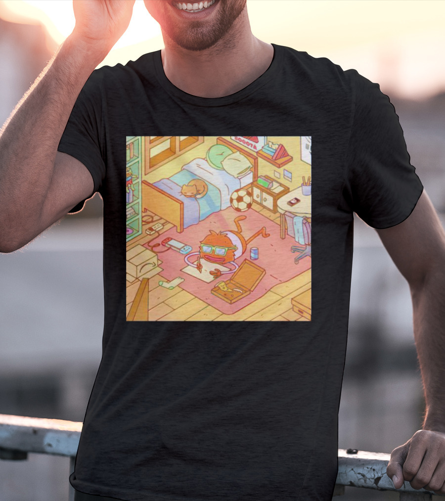 Chillin' Wolfi Gaming Bedroom With Cat And Pizza T-Shirt