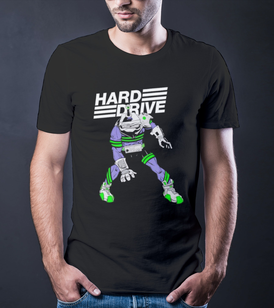 HARD DRIVE Futuristic Cyborg With Green And Purple Accents T-Shirt