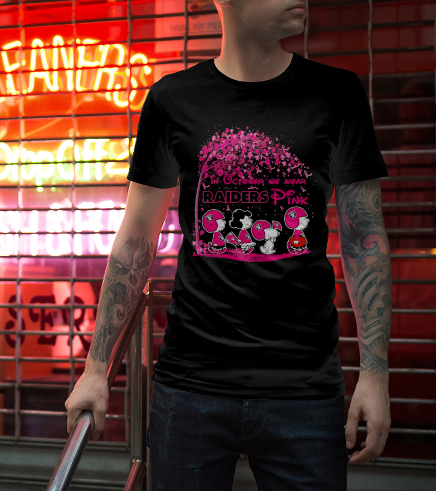 In October We Wear Raiders Pink Peanuts Breast Cancer Awareness T-Shirt