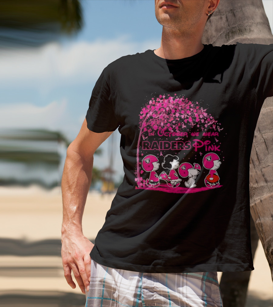 In October We Wear Raiders Pink Peanuts Breast Cancer Awareness T-Shirt