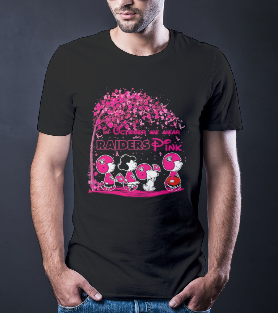 In October We Wear Raiders Pink Peanuts Breast Cancer Awareness T-Shirt