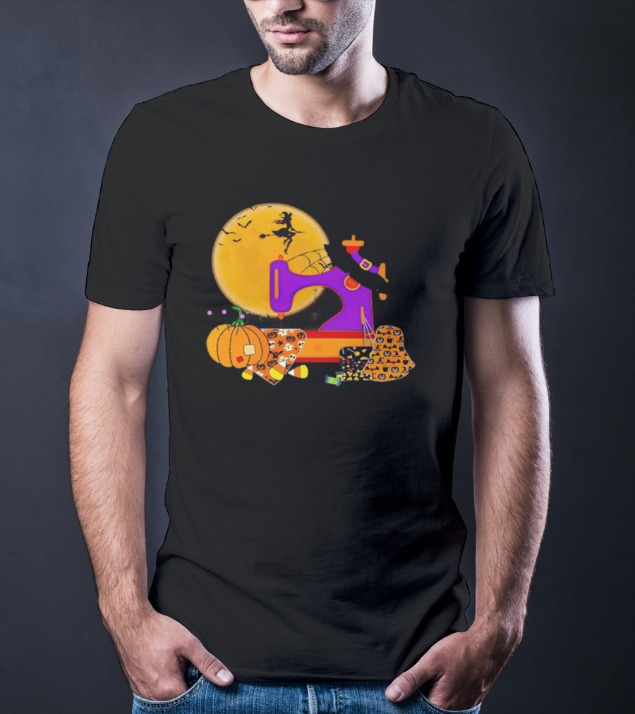 Halloween Witch Flying Over Sewing Machine With Pumpkins And Patchwork T-Shirt