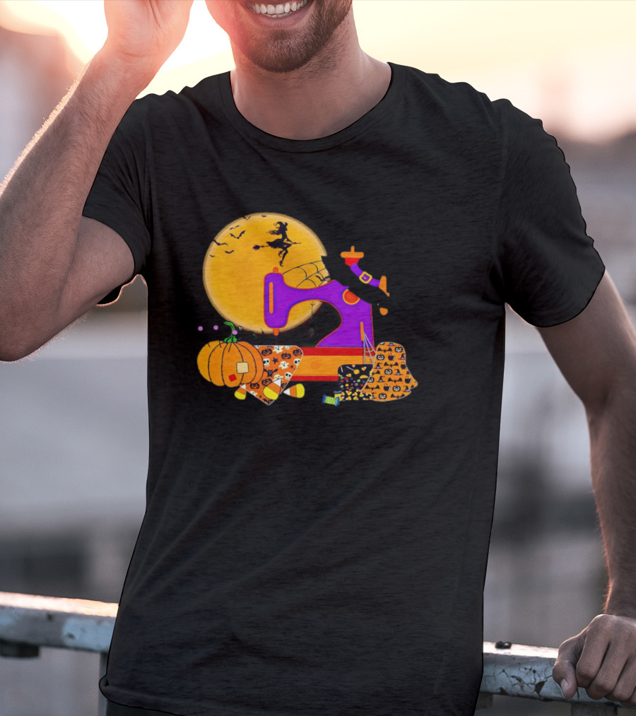 Halloween Witch Flying Over Sewing Machine With Pumpkins And Patchwork T-Shirt
