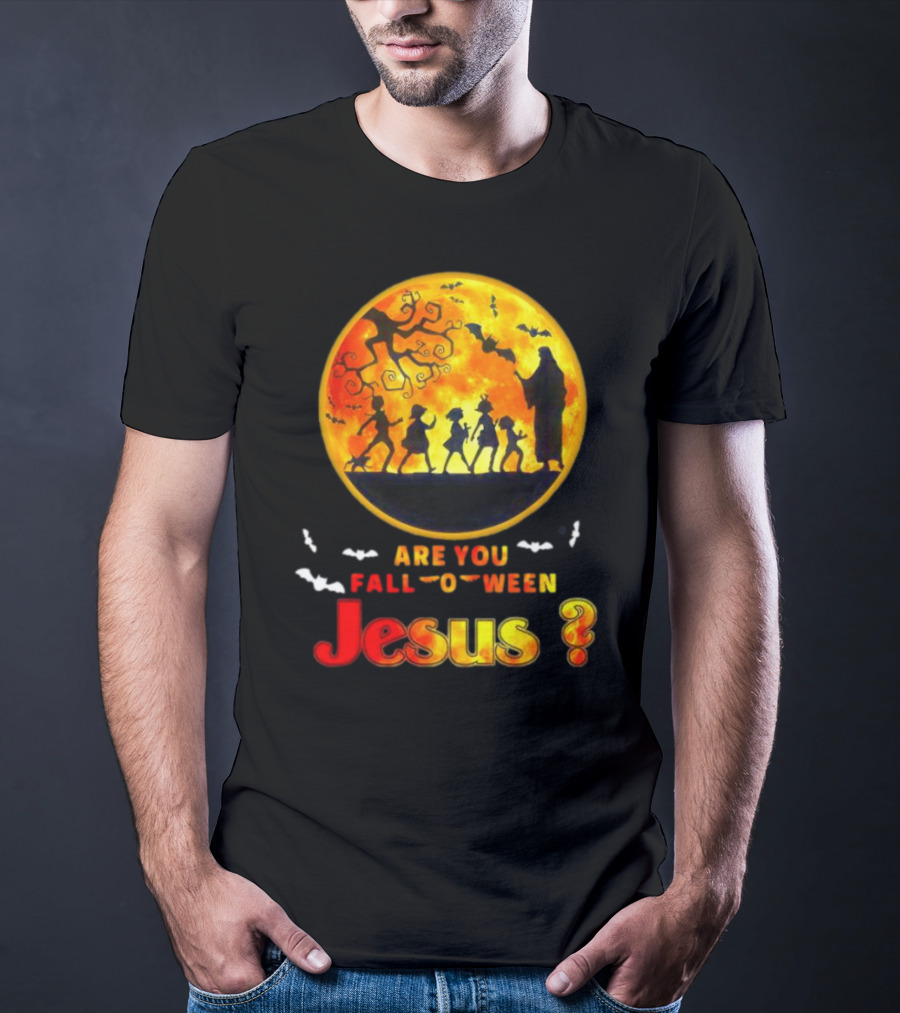 Are You Fall O Ween Jesus Halloween Silhouette With Bats And Tree T-Shirt