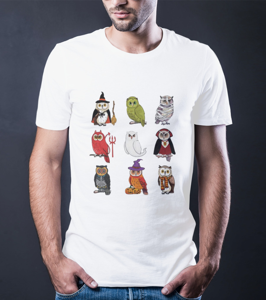 Halloween Witch Ghost Mummy Vampire Devil Skeleton Pumpkins Scarf Owls T-Shirt