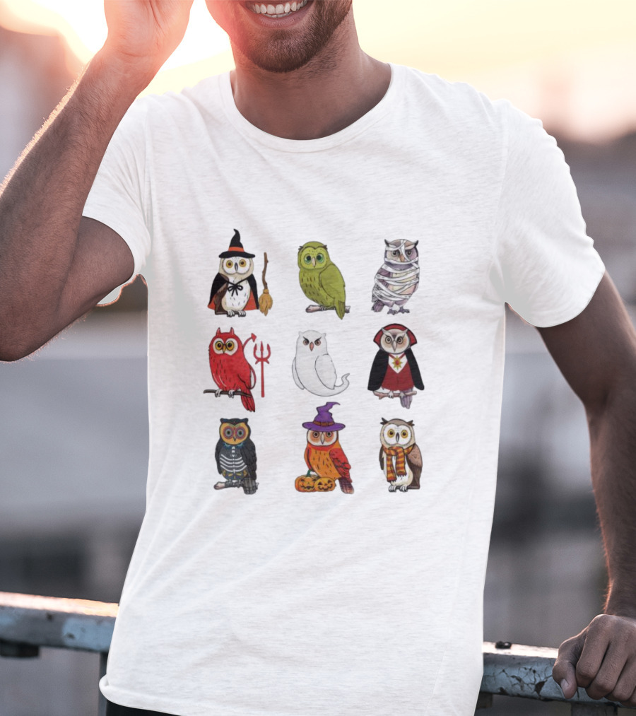 Halloween Witch Ghost Mummy Vampire Devil Skeleton Pumpkins Scarf Owls T-Shirt